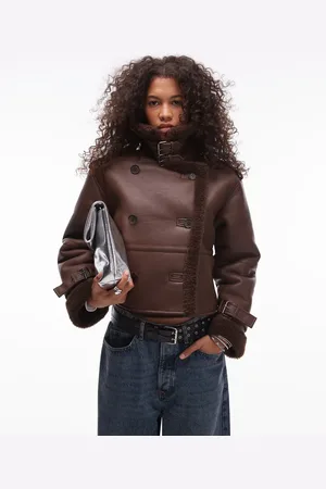 Topshop Faux leather borg shearling cropped aviator jacket in choc