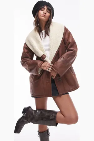 Topshop Faux leather shearling super oversized car coat in tan