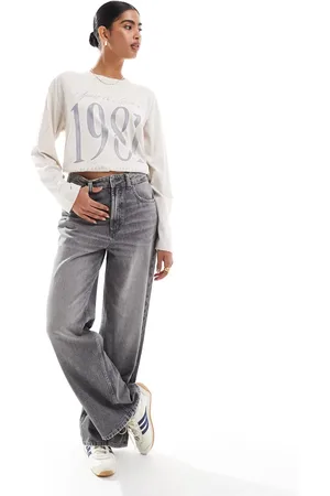 Hollister Long sleeve oversized dad slogan t shirt in taupe
