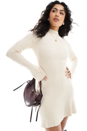 Pimkie Knitted ribbed high neck skater flare sleeve jumper dress in ecru