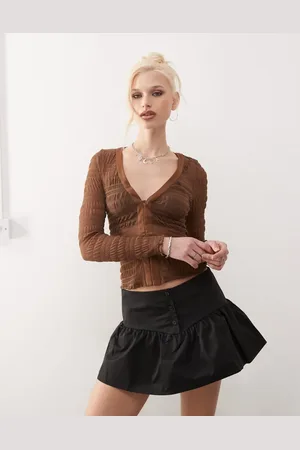Motel Jichan ruched mesh long sleeve top in chocolate