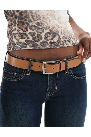 Pieces® Leather belt with square buckle in cognac
