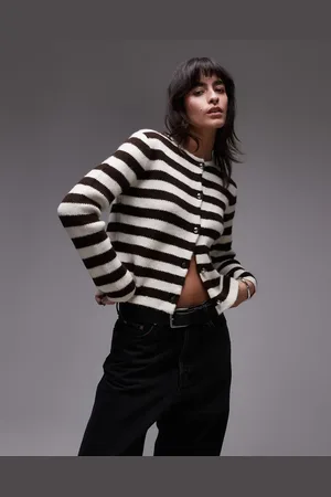 MANGO Button detail cardigan in brown and white stripe