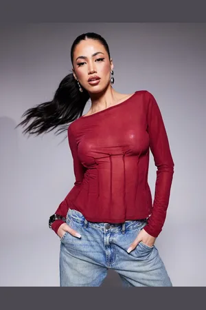 ASOS Mesh dart detail long sleeve top in burgundy