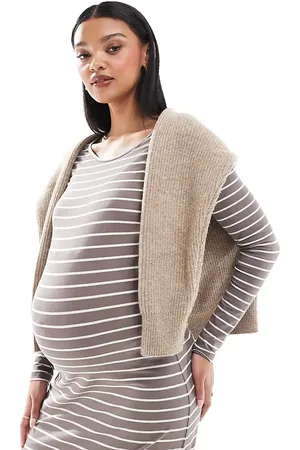 Mama;licious Mamalicious Maternity long sleeved jersey maxi dress in taupe stripe