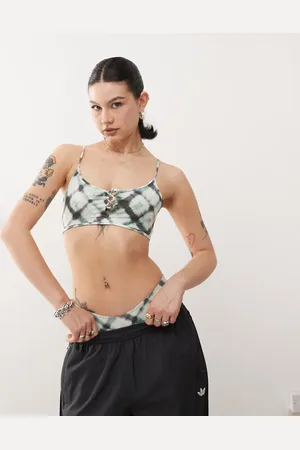 Monki Mix and match scoop neck bikini top with tie front detail in check blurr print