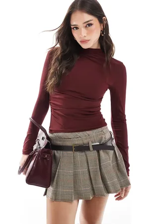 Stradivarius High neck sculpt long sleeve top in burgundy