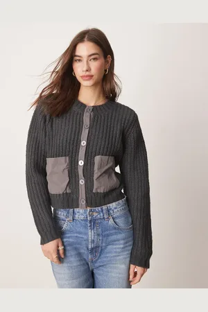 VILA Thick rib cardigan with contrast pockets and placket detail in
