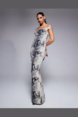 Murci Off shoulder bodycon maxi dress in grey snake print