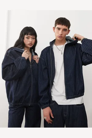 Reclaimed Unisex hooded denim jacket co-ord in indigo pinstripe
