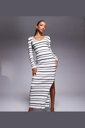 Kaiia Exclusive knitted v neck side split maxi dress in white and black brushed stripe