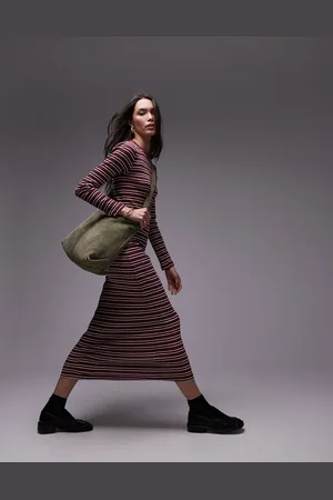 Topshop Stripe long sleeve maxi dress in burgundy