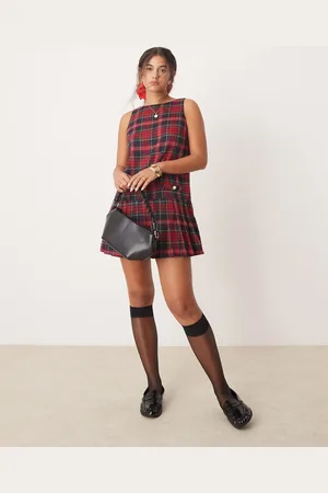 Neon Rose Tartan pinny dress in burgundy