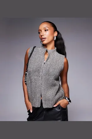 Kaiia Exclusive funnel neck boucle knitted zip through sleeveless jumper in charcoal