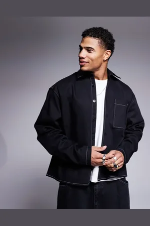ASOS Oversized boxy overshirt with faux leather collar in