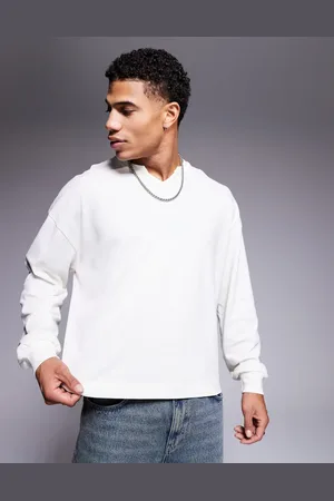 ASOS Oversized boxy heavyweight long sleeve high v neck pique t-shirt in cream