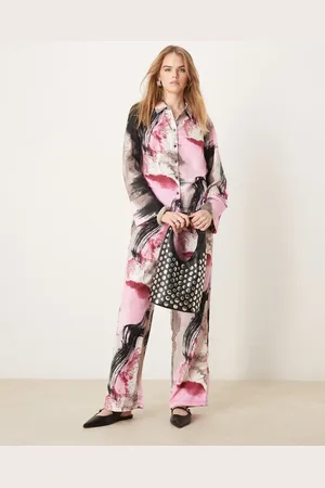 VILA Satin shirt co-ord in pink abstract print
