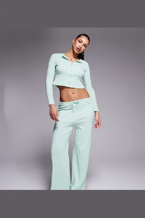 Kaiia Exclusive pointelle wide leg pyjama bottoms co-ord in mint