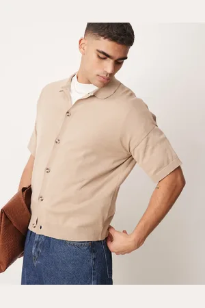 ASOS Relaxed lightweight knitted cotton button through polo in stone