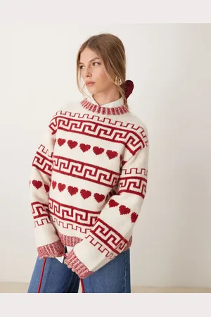 Gina Tricot Red hearts jacquard pattern knitted relaxed fit sweater in cream