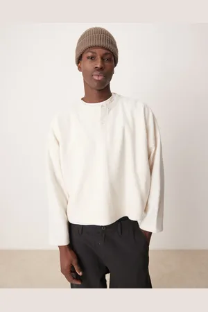 ASOS Super oversized cropped long sleeve t-shirt in brushed waffle with henley neck in off