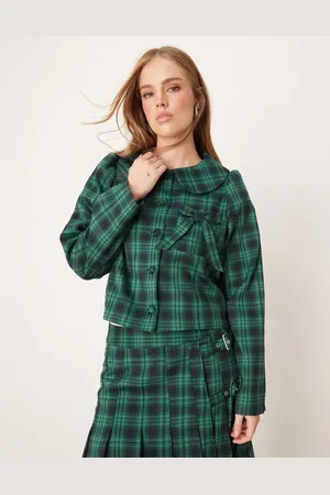 Neon Rose Tartan bow detail cropped jacket co-ord in