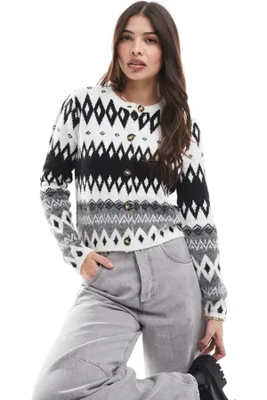 Threadbare Fairisle print button cardigan in and white