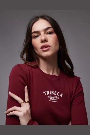 Topshop Embroidered Tribeca long sleeve baby tee in burgundy