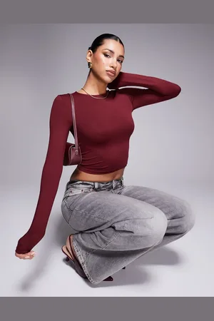 ASOS Polyamide slinky long sleeve top in burgundy