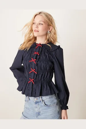 Glamorous Crinkle long sleeve top with red tie front bows in