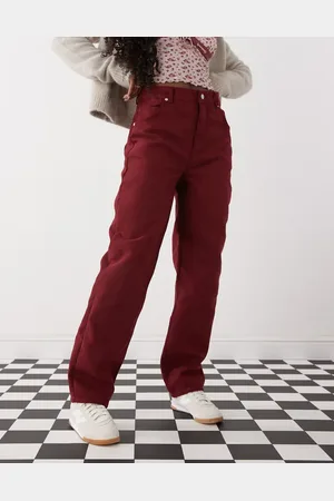Reclaimed Faux suede straight leg trousers in burgundy
