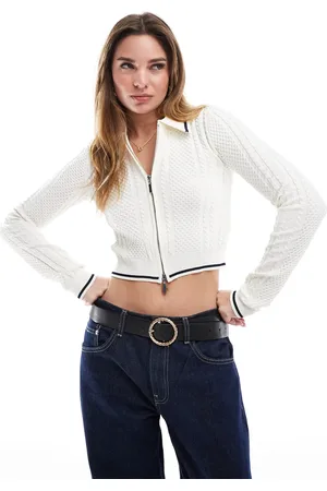 Bershka Cable knitted polo top in ecru