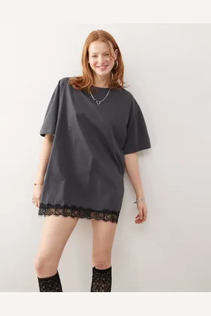 Noisy May Oversize t-shirt dress with lace trim in charcoal
