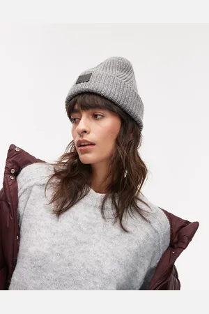 AllSaints Ribbed leather logo beanie in marl