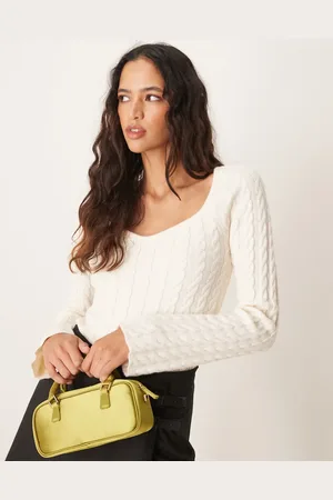 Gina Tricot Cable knit fitted sweater with sweetheart neck in cream