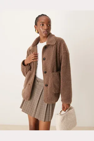 VILA Collared teddy jacket with trim details in light brown