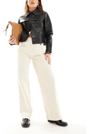 Stradivarius D77 straight leg jean with button detail in ecru