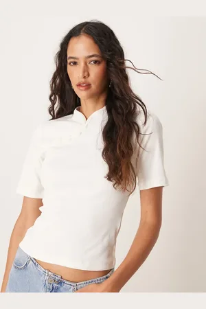 VILA Short sleeve asymmetric button detail neckline top in cream