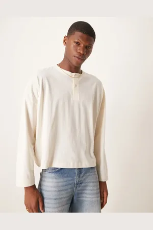 ASOS Super oversized cropped long sleeve t-shirt with henley neck in ecru