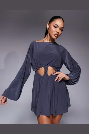 ASOS Long sleeve with cut out with heart trims mini dress in charcoal