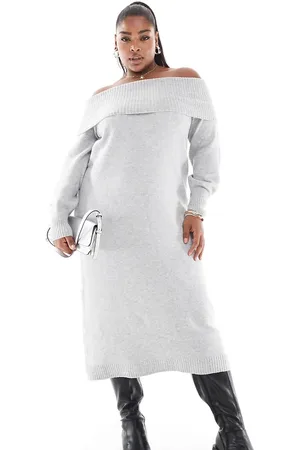 ONLY Off shoulder midaxi knitted dress in light