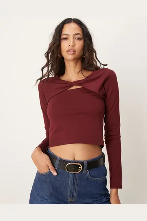 ASOS Ribbed long sleeve twist front detail top in burgundy