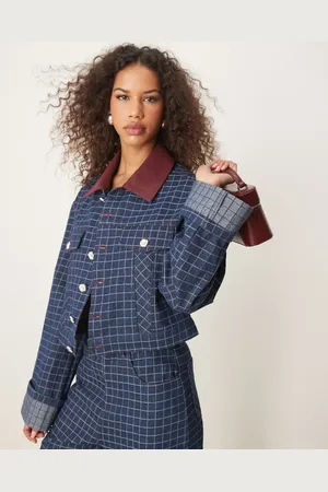 Ghospell Contrast PU collar denim jacket co-ord in check