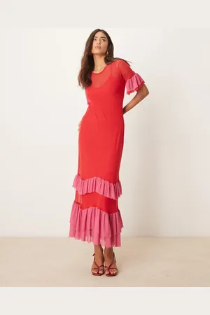 Never Fully Dressed Mesh ruffle maxi dress in and pink