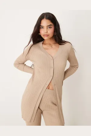 VILA Longline ribbed cardigan co-ord in tan