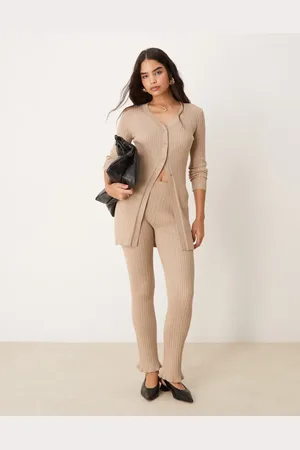 VILA Ribbed flare trouser co-ord in tan