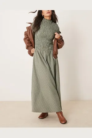 Glamorous Long sleeve shirred maxi dress in green and blue check