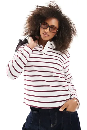 ONLY Stripe long sleeve polo in white & burgundy