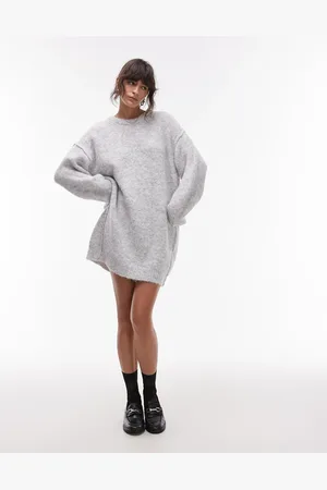 Topshop Knitted oversized crew mini dress with exposed seam detail in ice