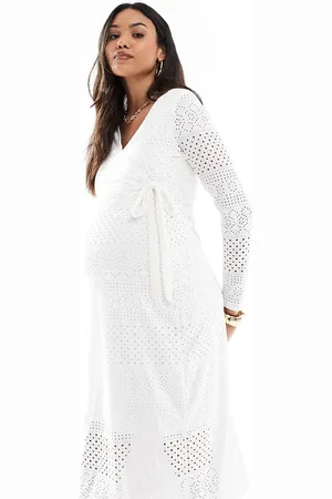 Mama;licious Mamalicious Maternity jersey broderie wrap midi dress in